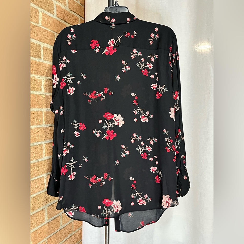 Lauren Ralph Lauren dark Floral Sheer Blouse 1X Black Gold Button Top - Picture 4 of 8